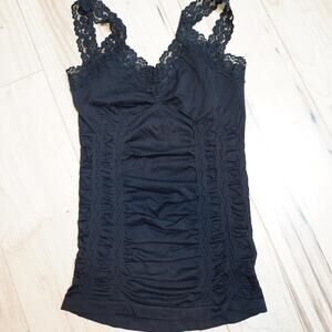 Black Lace Strap Ruched Seamless Cami Top Coquette Goth One Size